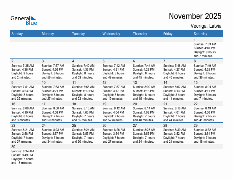 Vecriga November 2025 sunrise and sunset calendar in PDF, Excel, and Word