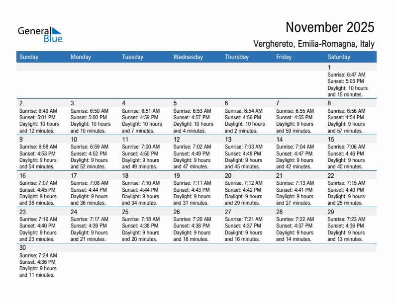 Verghereto November 2025 sunrise and sunset calendar in PDF, Excel, and Word