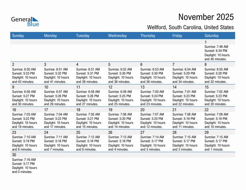 Wellford November 2025 sunrise and sunset calendar in PDF, Excel, and Word