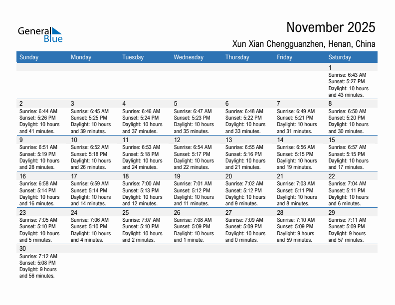 Xun Xian Chengguanzhen November 2025 sunrise and sunset calendar in PDF, Excel, and Word