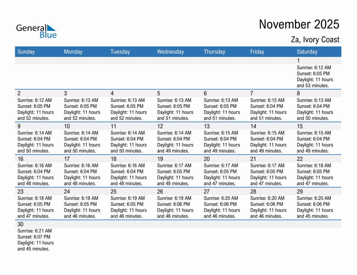 November 2025 sunrise and sunset calendar for Za