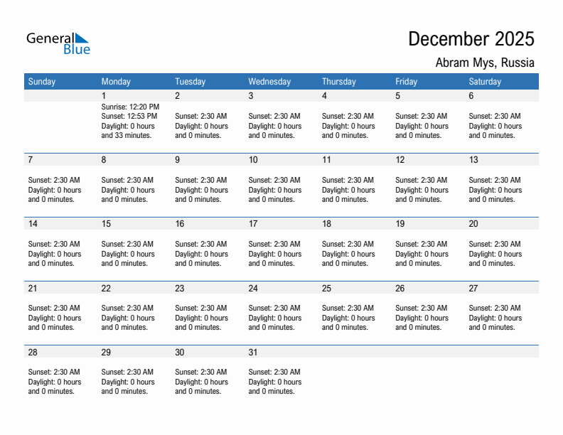 Abram Mys December 2025 sunrise and sunset calendar in PDF, Excel, and Word