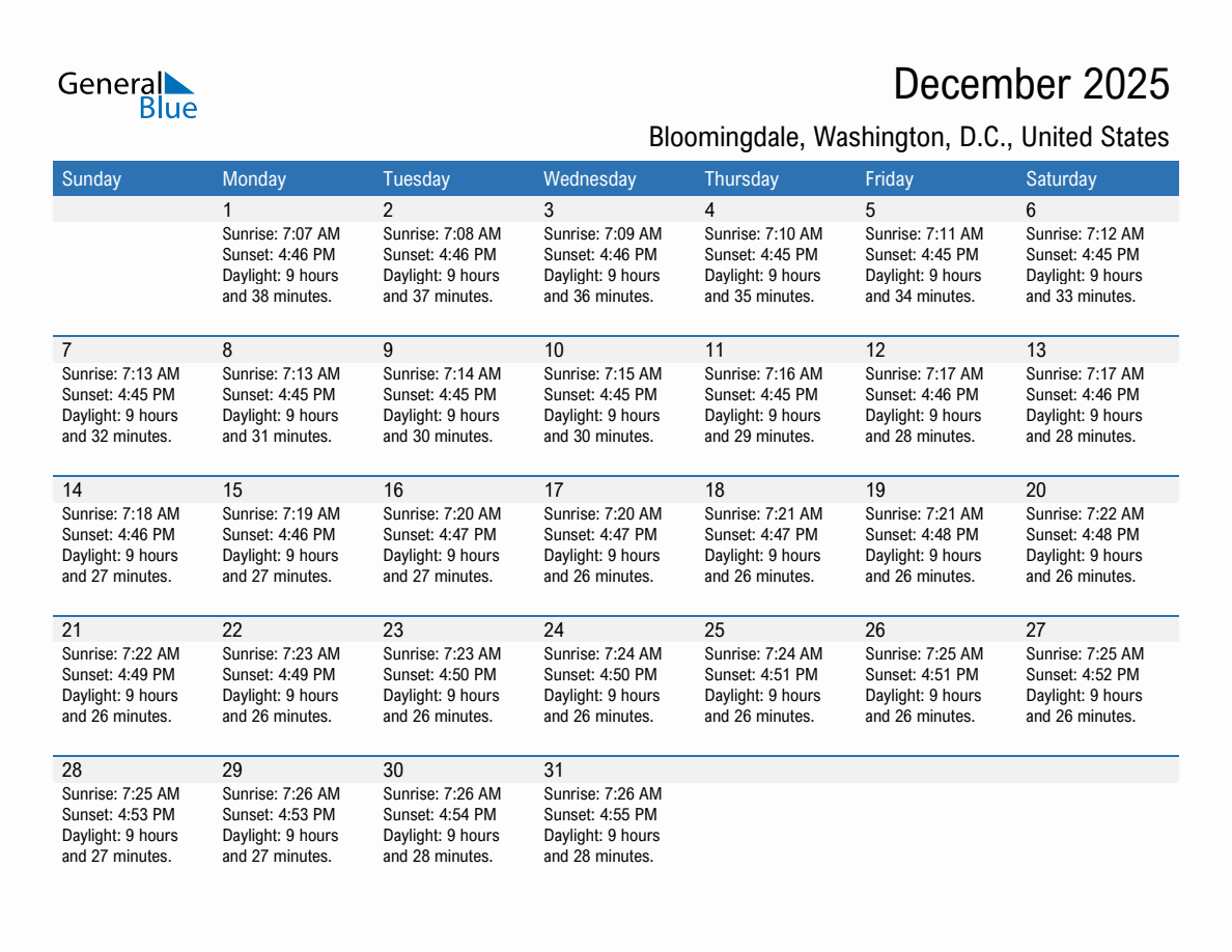 December 2025 sunrise and sunset calendar for Bloomingdale