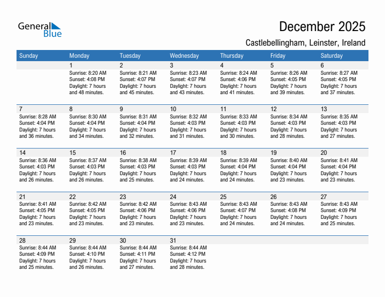 Castlebellingham December 2025 sunrise and sunset calendar in PDF, Excel, and Word