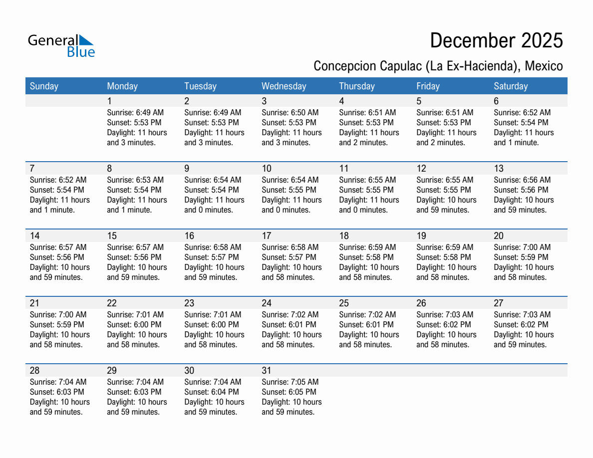 December 2025 sunrise and sunset calendar for Concepcion Capulac (La Ex-Hacienda)