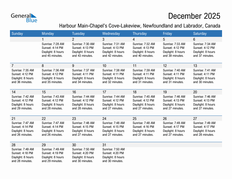 Harbour Main-Chapel's Cove-Lakeview December 2025 sunrise and sunset calendar in PDF, Excel, and Word