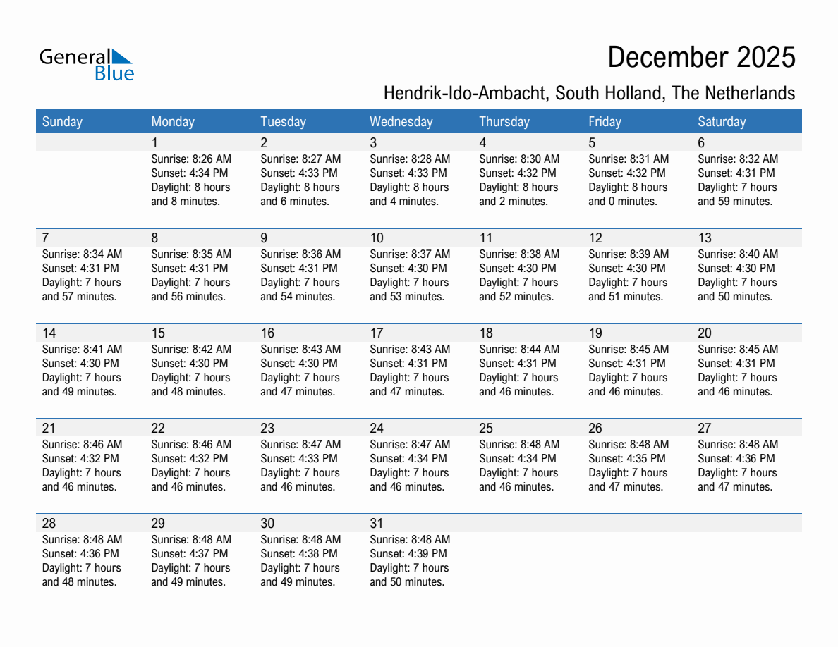 December 2025 sunrise and sunset calendar for Hendrik-Ido-Ambacht