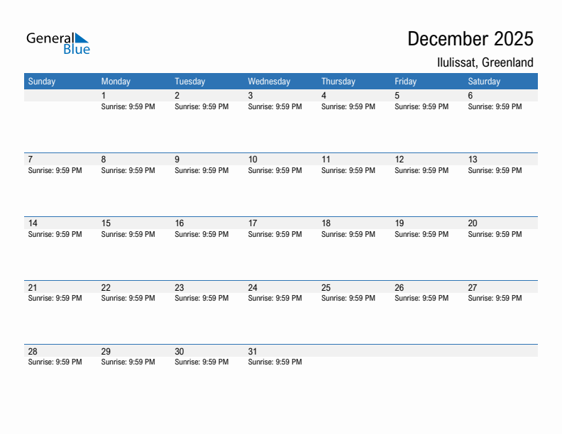 Ilulissat December 2025 sunrise and sunset calendar in PDF, Excel, and Word