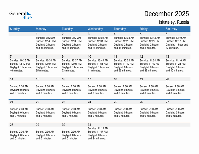 Iskateley December 2025 sunrise and sunset calendar in PDF, Excel, and Word
