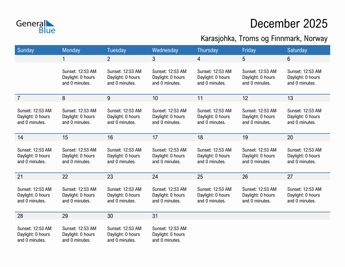 December 2025 sunrise and sunset calendar for Karasjohka