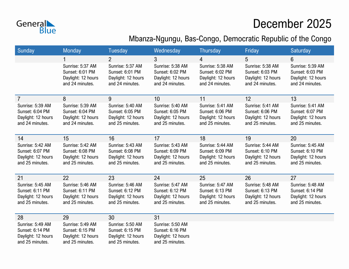 December 2025 sunrise and sunset calendar for Mbanza-Ngungu