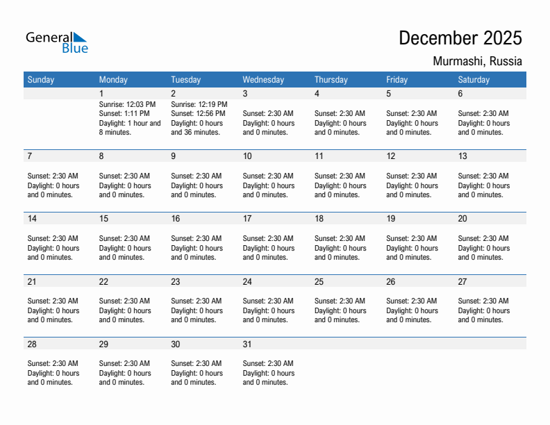 Murmashi December 2025 sunrise and sunset calendar in PDF, Excel, and Word