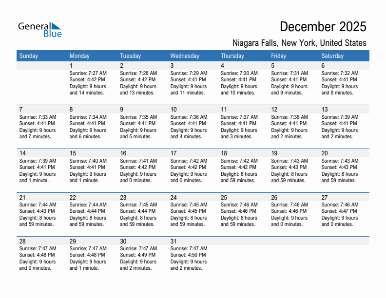 Niagara Falls December 2025 sunrise and sunset calendar in PDF, Excel, and Word