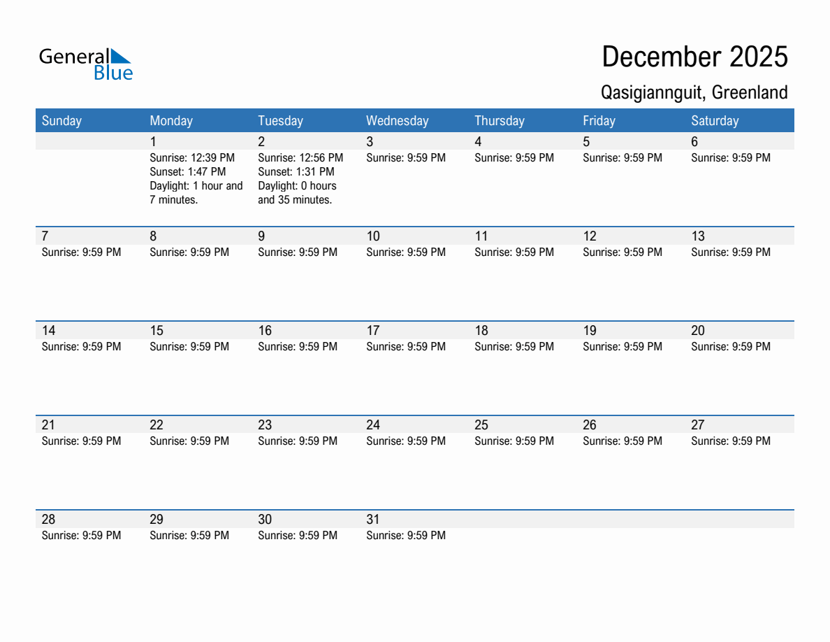 December 2025 sunrise and sunset calendar for Qasigiannguit