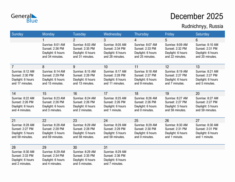 Rudnichnyy December 2025 sunrise and sunset calendar in PDF, Excel, and Word