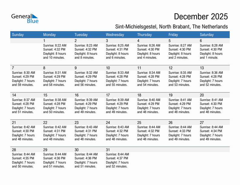 Sint-Michielsgestel December 2025 sunrise and sunset calendar in PDF, Excel, and Word