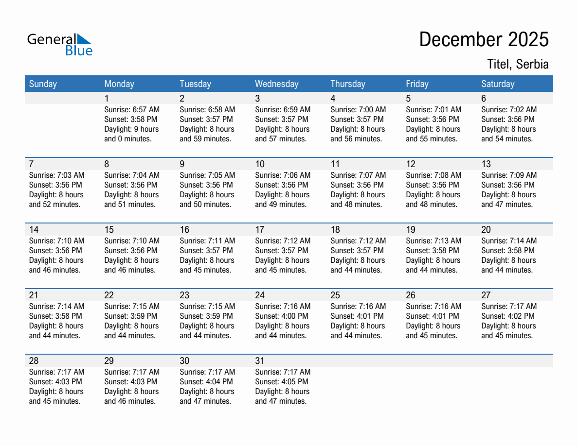 December 2025 sunrise and sunset calendar for Titel