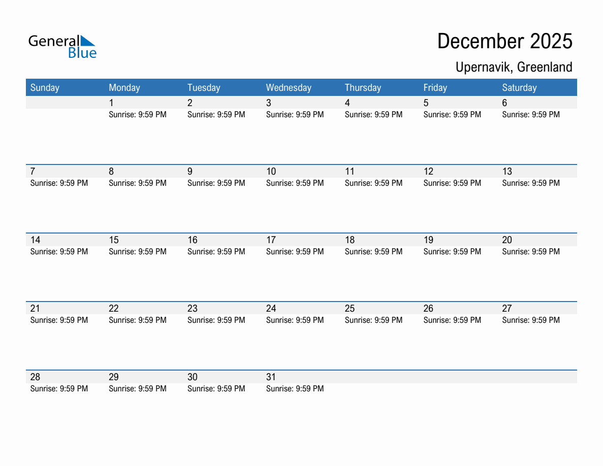 December 2025 sunrise and sunset calendar for Upernavik