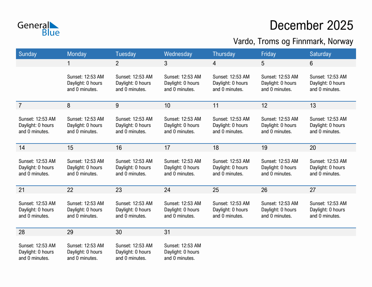 December 2025 sunrise and sunset calendar for Vardo
