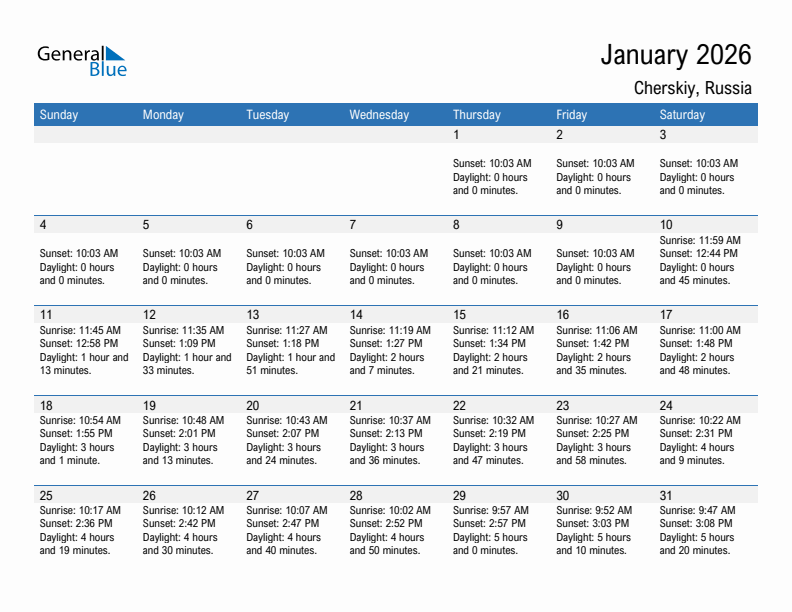 Cherskiy January 2026 sunrise and sunset calendar in PDF, Excel, and Word