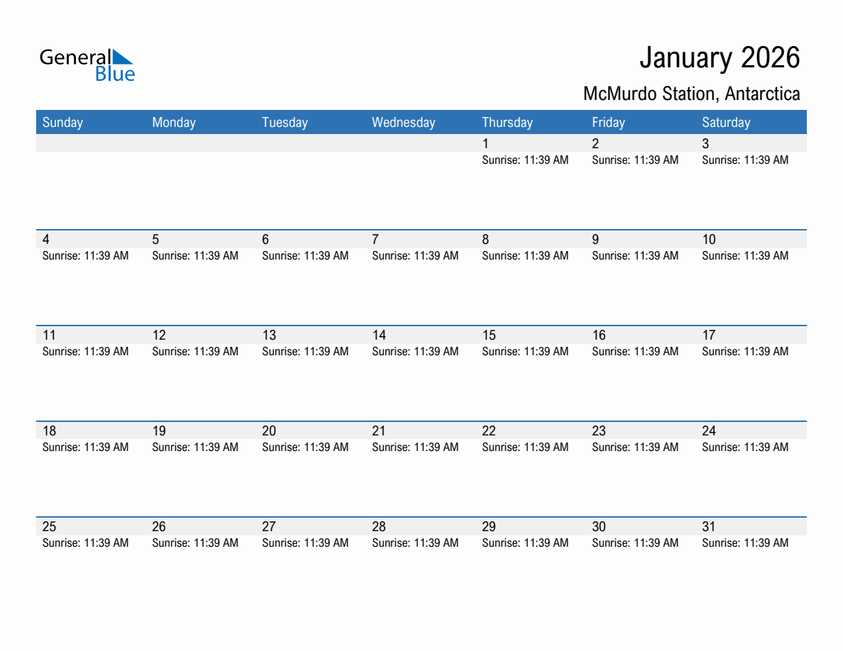January 2026 sunrise and sunset calendar for McMurdo Station