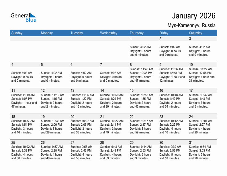 Mys-Kamennyy January 2026 sunrise and sunset calendar in PDF, Excel, and Word