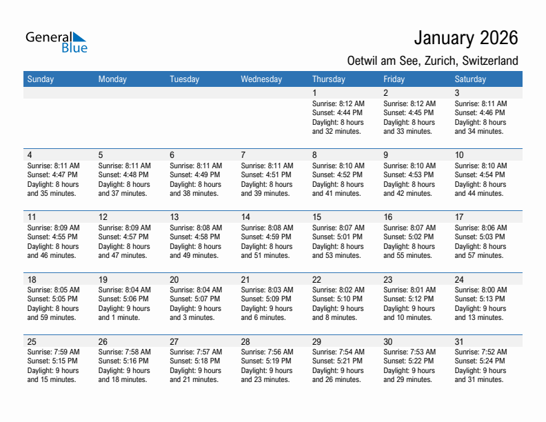 Oetwil am See January 2026 sunrise and sunset calendar in PDF, Excel, and Word