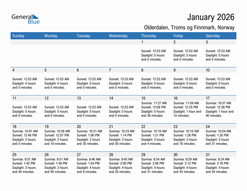 Olderdalen January 2026 sunrise and sunset calendar in PDF, Excel, and Word