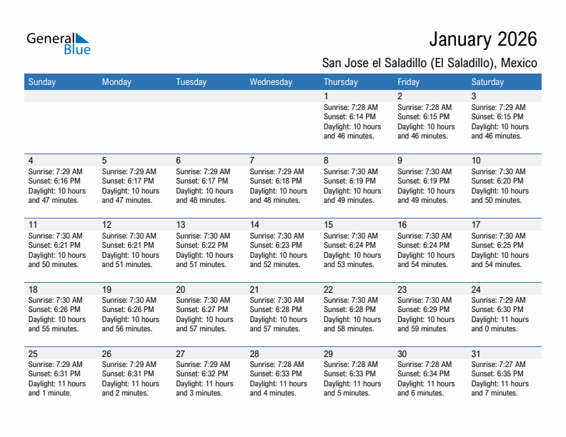 San Jose el Saladillo (El Saladillo) January 2026 sunrise and sunset calendar in PDF, Excel, and Word