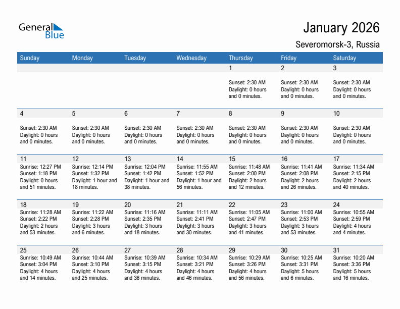 Severomorsk-3 January 2026 sunrise and sunset calendar in PDF, Excel, and Word