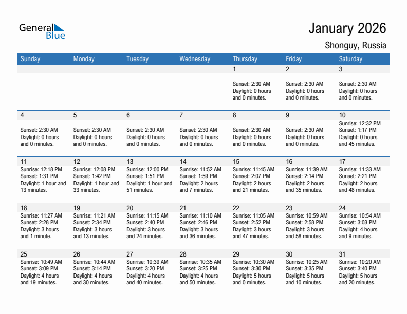 Shonguy January 2026 sunrise and sunset calendar in PDF, Excel, and Word