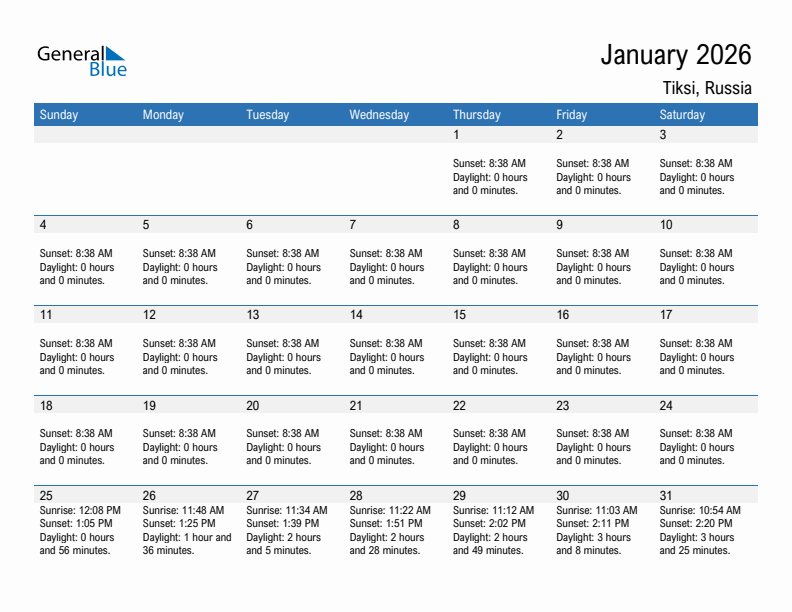 Tiksi January 2026 sunrise and sunset calendar in PDF, Excel, and Word