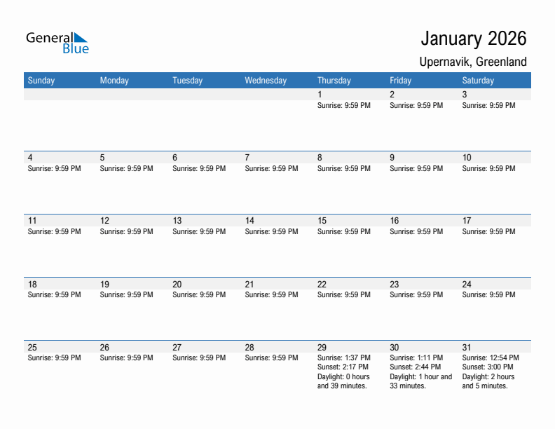 Upernavik January 2026 sunrise and sunset calendar in PDF, Excel, and Word