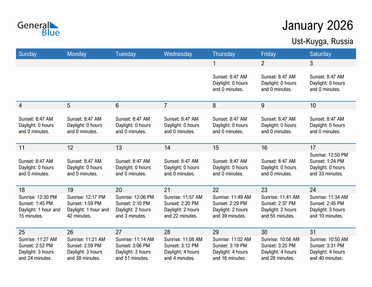 January 2026 sunrise and sunset calendar for Ust-Kuyga