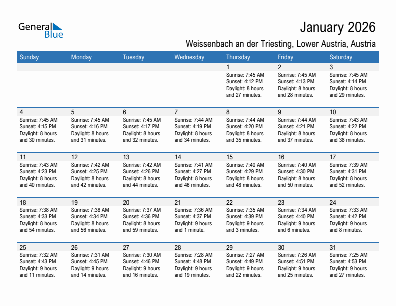 Weissenbach an der Triesting January 2026 sunrise and sunset calendar in PDF, Excel, and Word