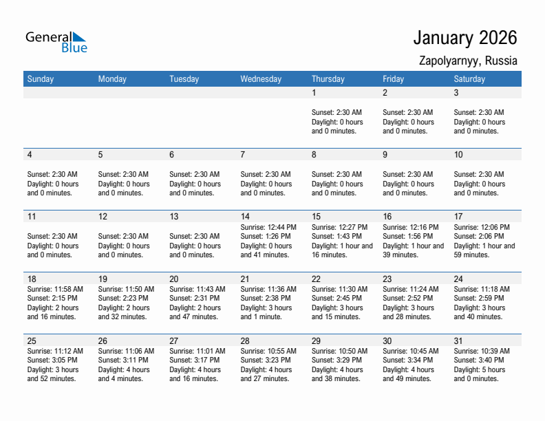 Zapolyarnyy January 2026 sunrise and sunset calendar in PDF, Excel, and Word