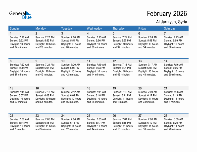 Al Jarniyah February 2026 sunrise and sunset calendar in PDF, Excel, and Word