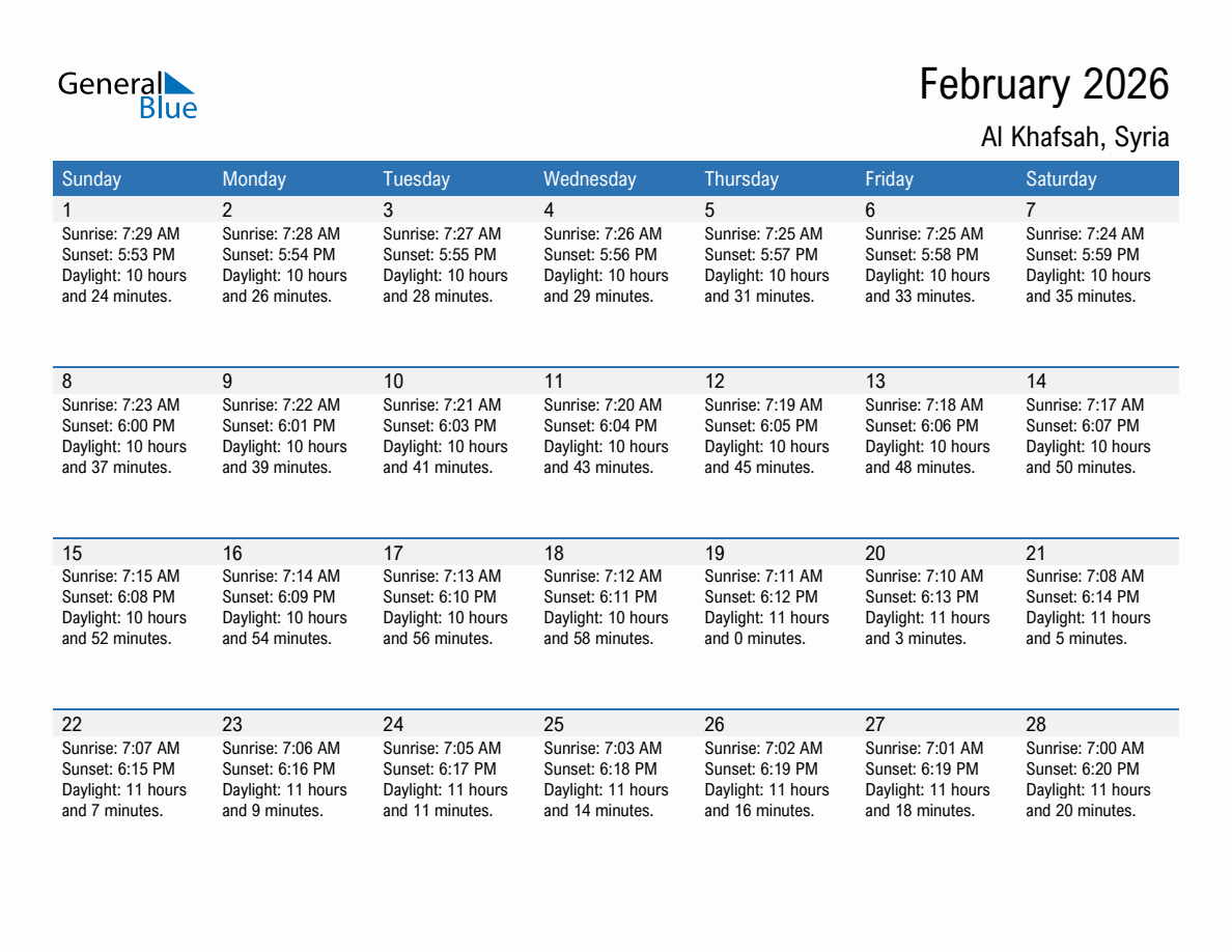 February 2026 sunrise and sunset calendar for Al Khafsah
