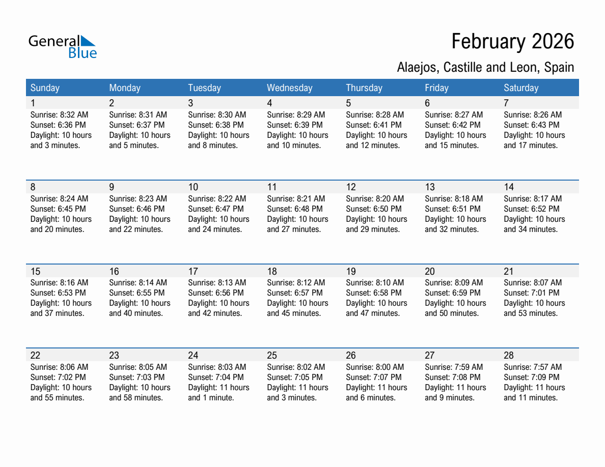 February 2026 sunrise and sunset calendar for Alaejos