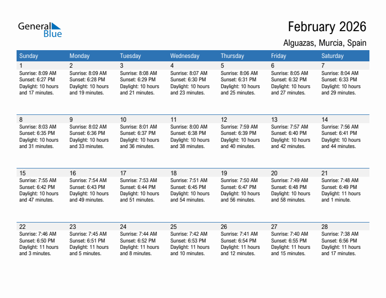Alguazas February 2026 sunrise and sunset calendar in PDF, Excel, and Word