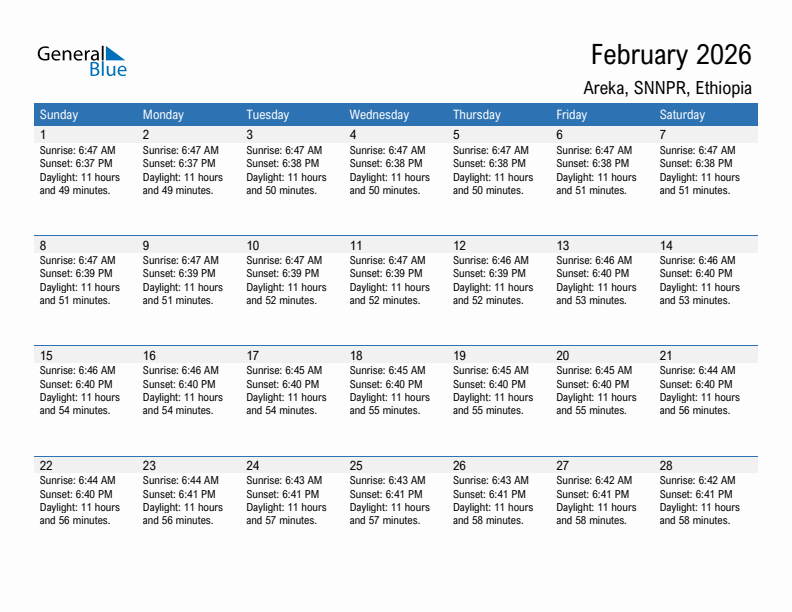 Areka February 2026 sunrise and sunset calendar in PDF, Excel, and Word