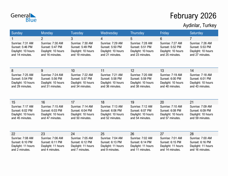 Aydinlar February 2026 sunrise and sunset calendar in PDF, Excel, and Word