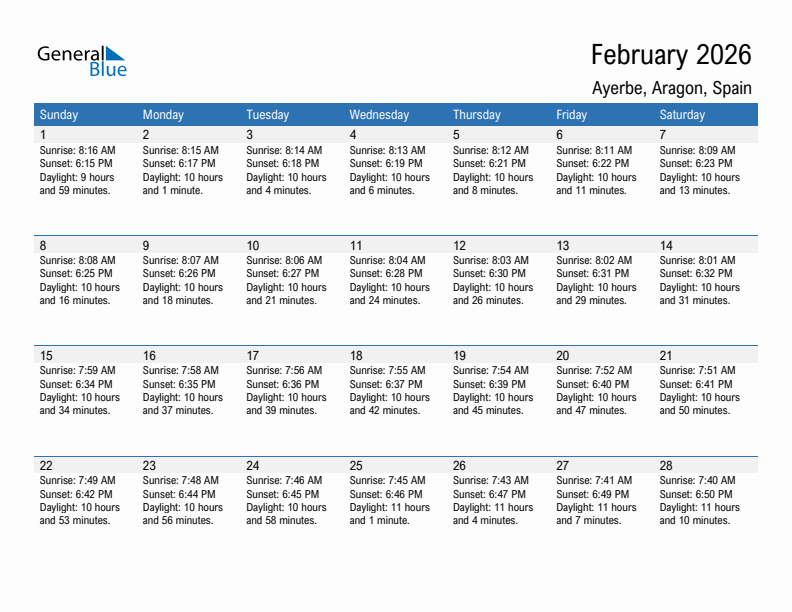 Ayerbe February 2026 sunrise and sunset calendar in PDF, Excel, and Word