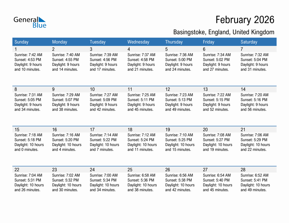 February 2026 sunrise and sunset calendar for Basingstoke