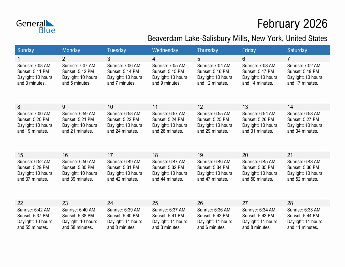 February 2026 sunrise and sunset calendar for Beaverdam Lake-Salisbury Mills