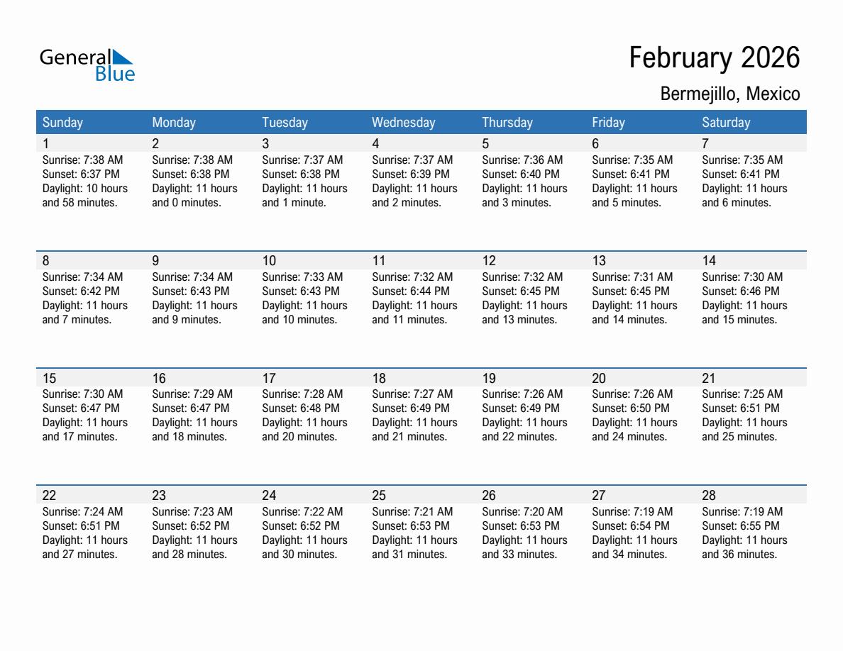 February 2026 sunrise and sunset calendar for Bermejillo