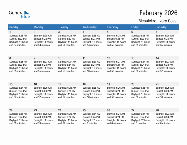 Bleoulekro February 2026 sunrise and sunset calendar in PDF, Excel, and Word