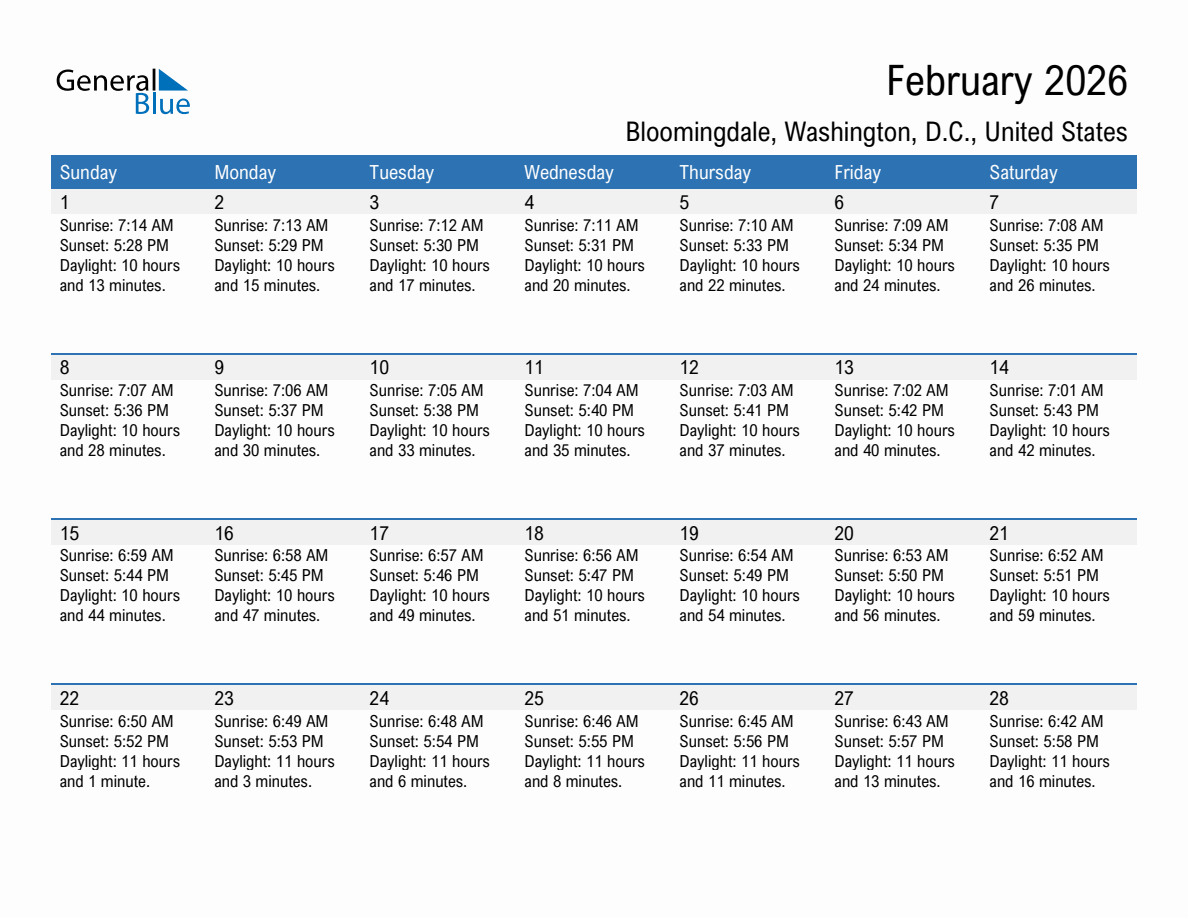 February 2026 sunrise and sunset calendar for Bloomingdale