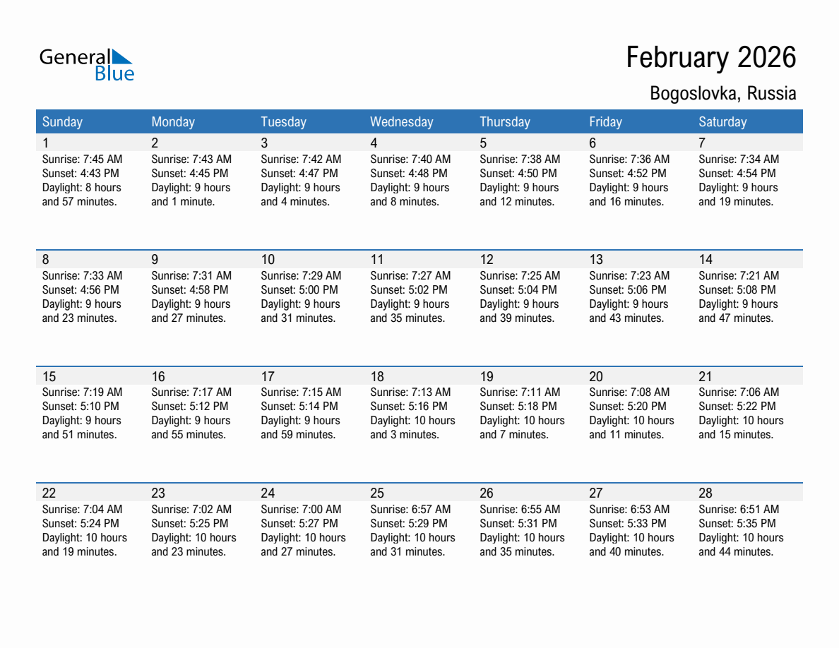February 2026 sunrise and sunset calendar for Bogoslovka