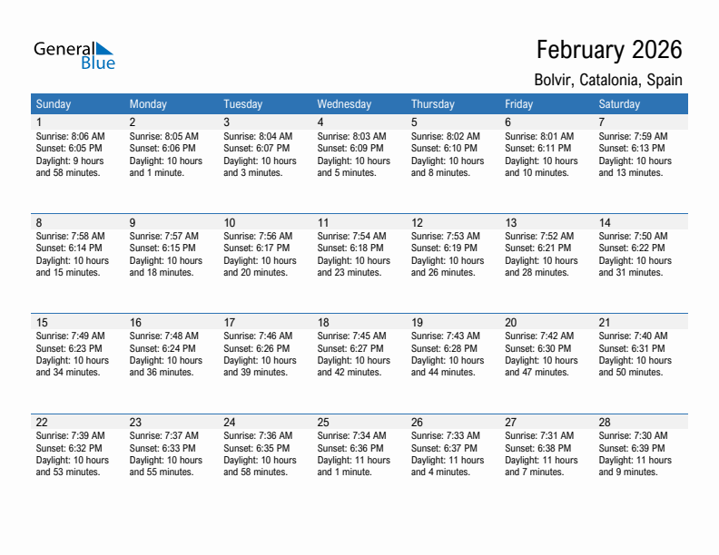 Bolvir February 2026 sunrise and sunset calendar in PDF, Excel, and Word